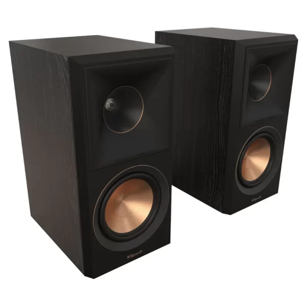 Klipsch RP-500M bookshelf speakers displayed on a wooden shelf, high-quality sound experience from Klipsch