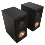 Klipsch RP-600M bookshelf speakers displayed on a wooden shelf, high-quality sound experience distributed by Krish HiFi
