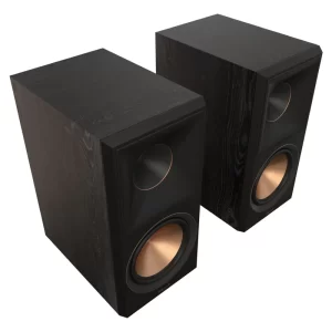 Klipsch RP-600M bookshelf speakers displayed on a wooden shelf, high-quality sound experience distributed by Krish HiFi