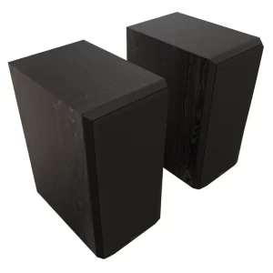 Klipsch RP-600M bookshelf speakers displayed on a wooden shelf, high-quality sound experience distributed by Krish HiFi